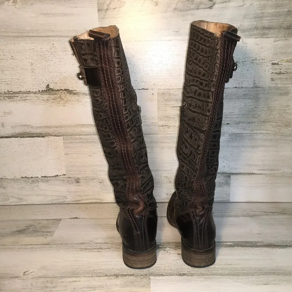 Lucchese Spirit Bailey Croc Embossed Leather Riding Boot Womens 6 Brown Tall